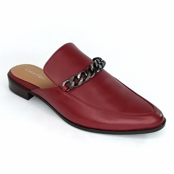 Calvin Klein Frieda Mule In Cherry Red Leather Metallic Chain Detail - Picture 9 of 9